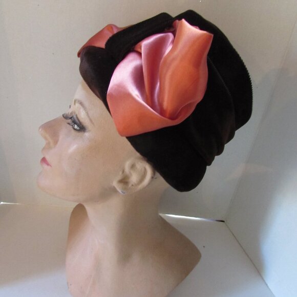 SALE Vintage Bucket Hat Brown Velvet Copper Satin Bow main image 11